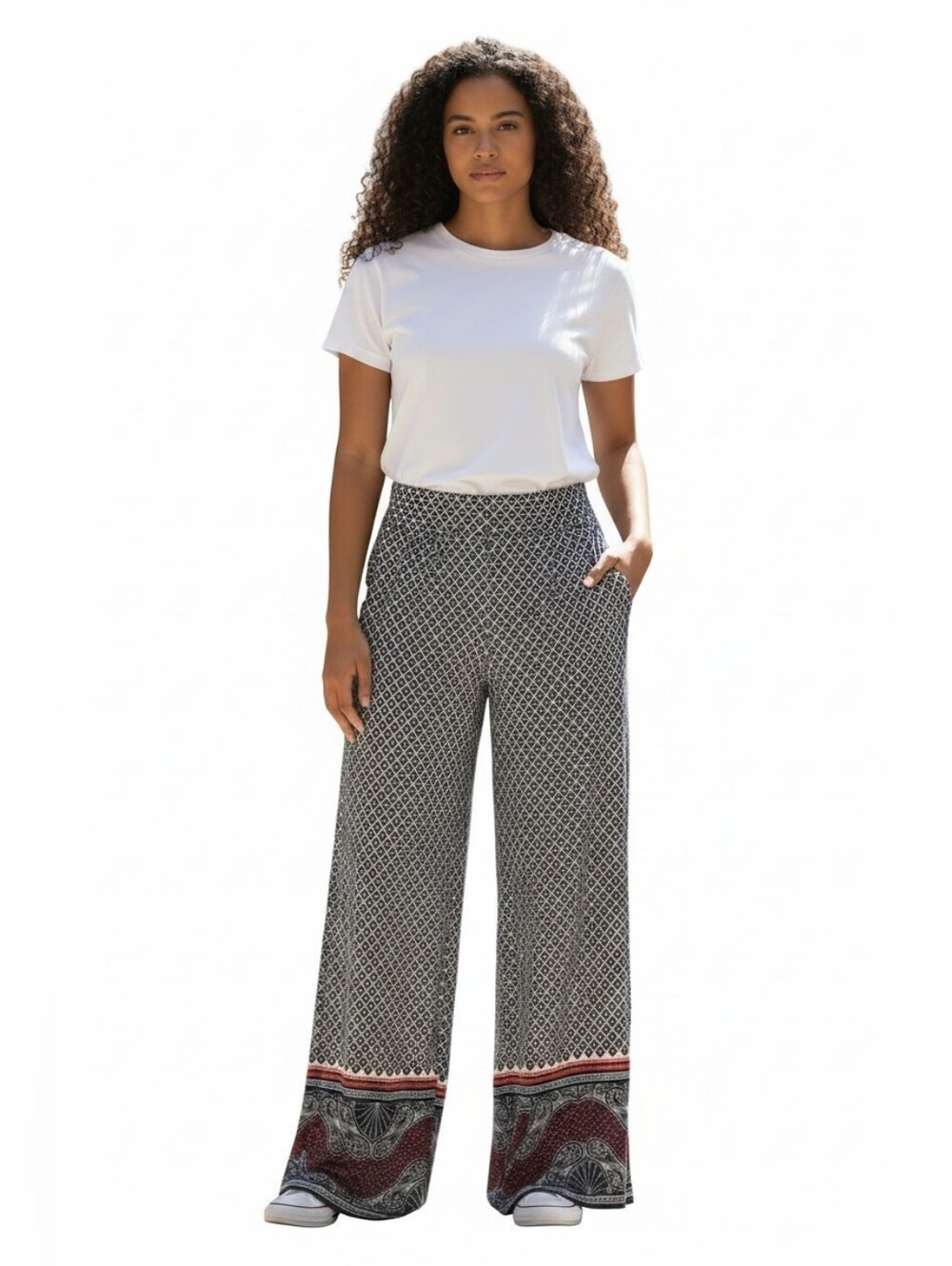 Max Studio Soft Wide-Leg Trousers Navy/White with Border Print SZ L